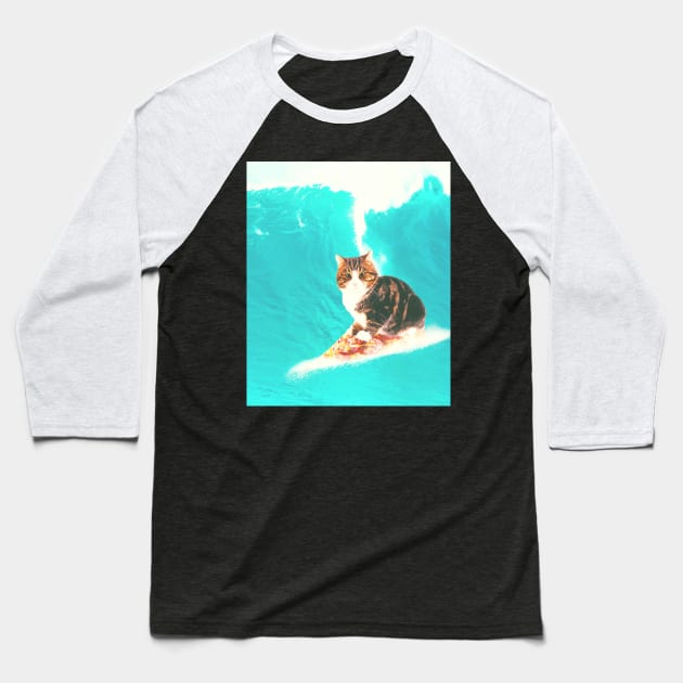 Kitty Cat Surfing Pizza Baseball T-Shirt by Random Galaxy